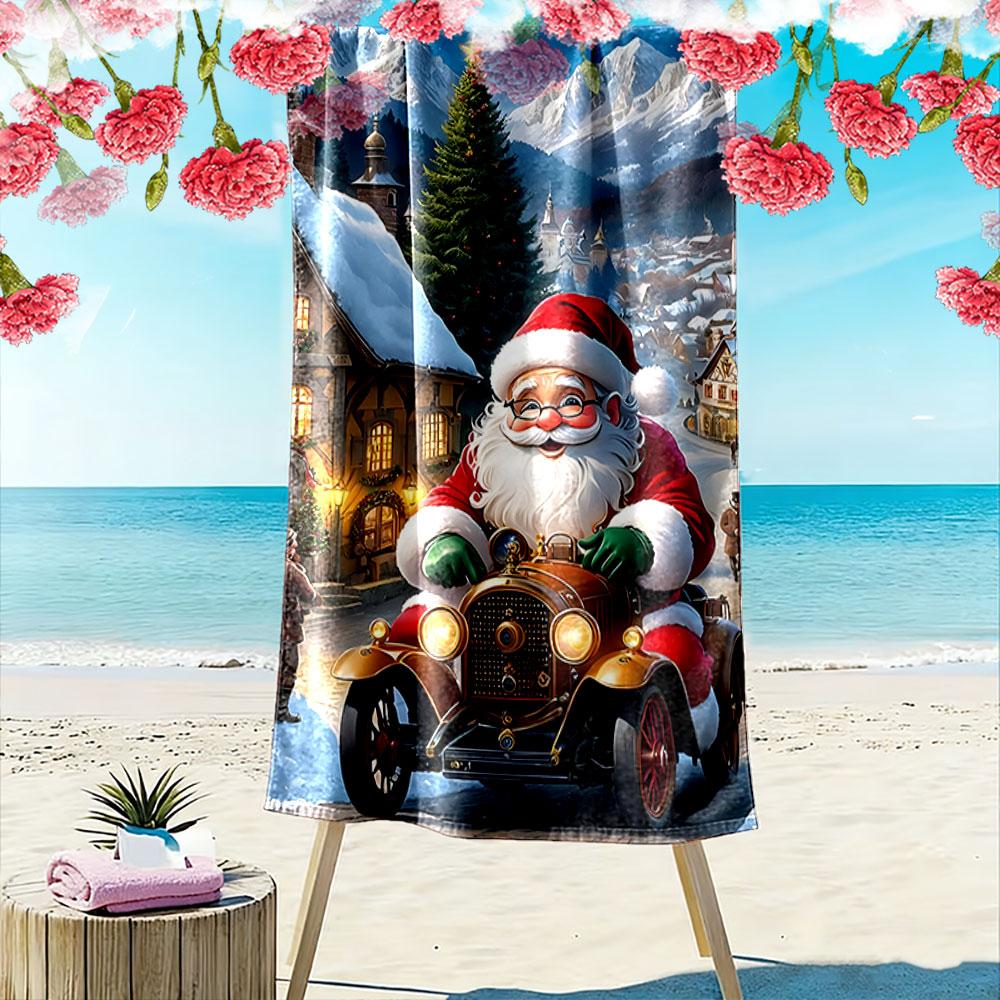 Jolly Santa snowy ride Print beach towel, quick drying, suitable for travel, outdoor sports, jogging, the beach and swimming, gift