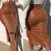 Women Fall High Waist Split Irregular Hem Bodycon Midi Length Package Hip PU Skirt