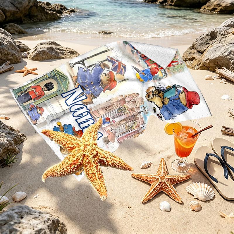 Custom Name Personalized Paddington Bear Print Beach Towel, for Trip Camping Beach Party Home Decor, Birthday Gift for Family & Friends