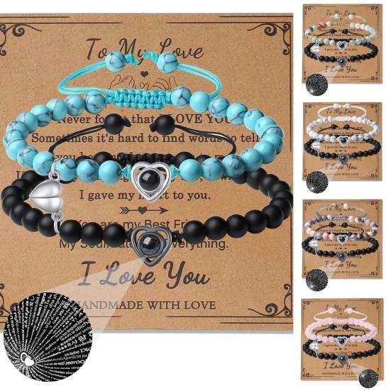 2Pcs/Set His Her Matching Bracelets Projection 100 Languages I Love You Couple Bracelets Heart Pairing Adjustable Beads Bracelets Jewelry Gift
