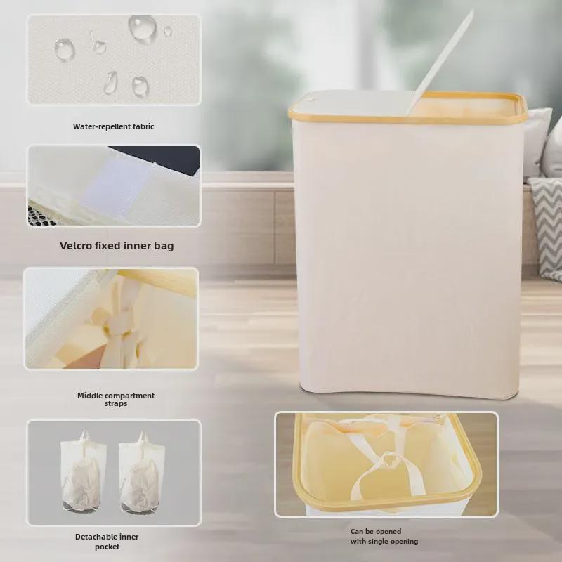 Foldable Bamboo Laundry Basket with Dual Mesh Bags and Large Capacity