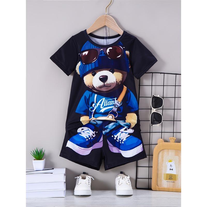 Комплект из 2 предметов: мужская футболка с коротким рукавом и шорты на шнурке с принтом мультяшного медведя, летний повседневный топ, мужские пляжные брюки для спорта на открытом воздухе