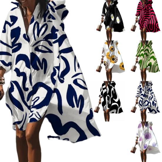 Turn-down Collar Long Sleeve High-Low Hem Holiday Dress Geometry Wave Print Oversized Shirt