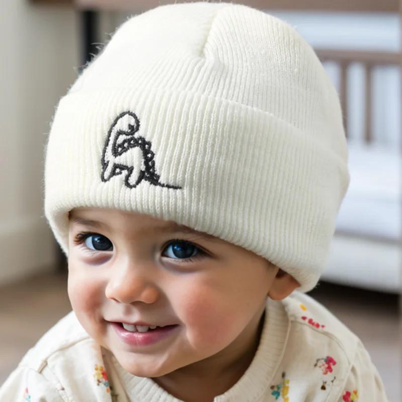 Вязаная шапка с мультяшными динозаврами для малышей, милая вышитая шапка с изображением динозавров для детей, вязаная крючком, теплая на осень, для детей 1-4 лет