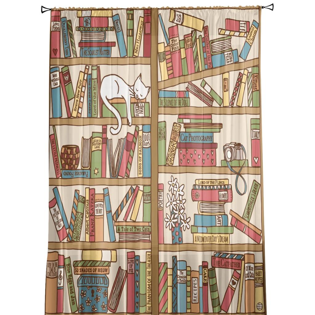 Cartoon Bookshelf Sleeping Cat Tulle Sheer Curtains for Living Room Decoration Window Curtain for Bedroom Voile Organza Drapes