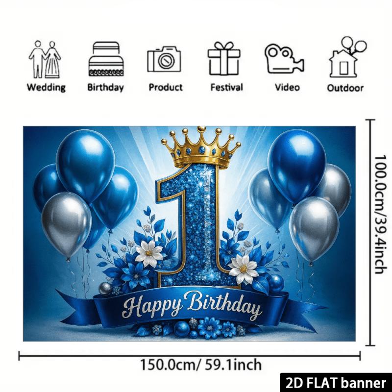 Blue silver diamond jewelry 1st birthday backdrop cloth, paired with a golden crown, made of polyester material.