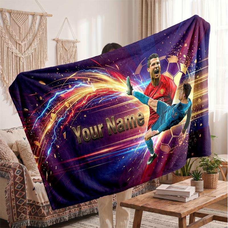 Cristiano Ronaldo Personalized Fleece Blanket With Football Logo, Custom Name Text Soft Warm Home Throw Blanket