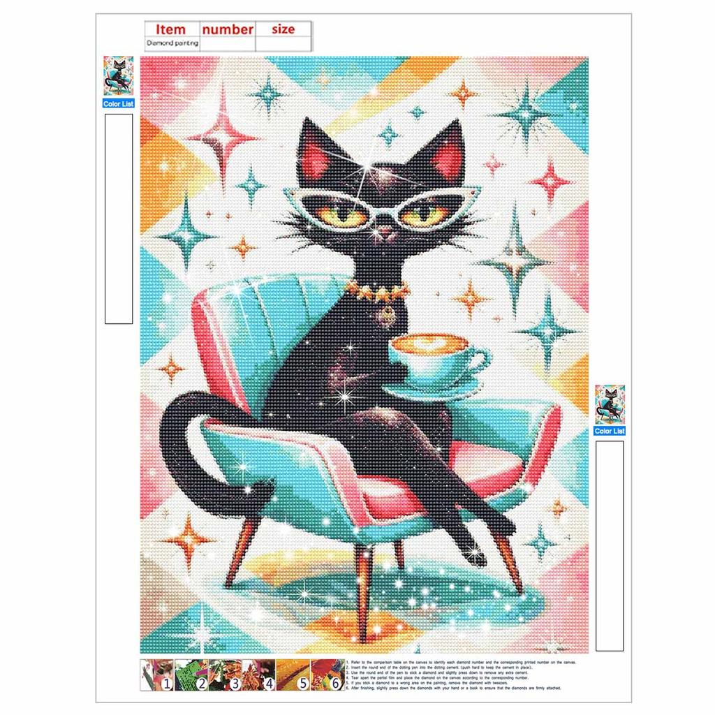 Набор для алмазной вышивки 5D DIY Стильный Черный Кот Пьет Кофе Арт Алмазная Вышивка Стразы Полная Заливка 30x40см Декор Стены Дома Подарок Взрослым
