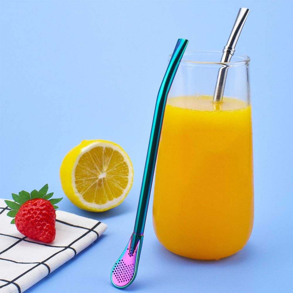 Stainless Steel Straw Filter Spoon, Yerba Mate Bombilla, Loose Leaf Tea Strainer, Tea Straw for Drinking Coffee, Cocktail, Pack of 5 with Cleaning