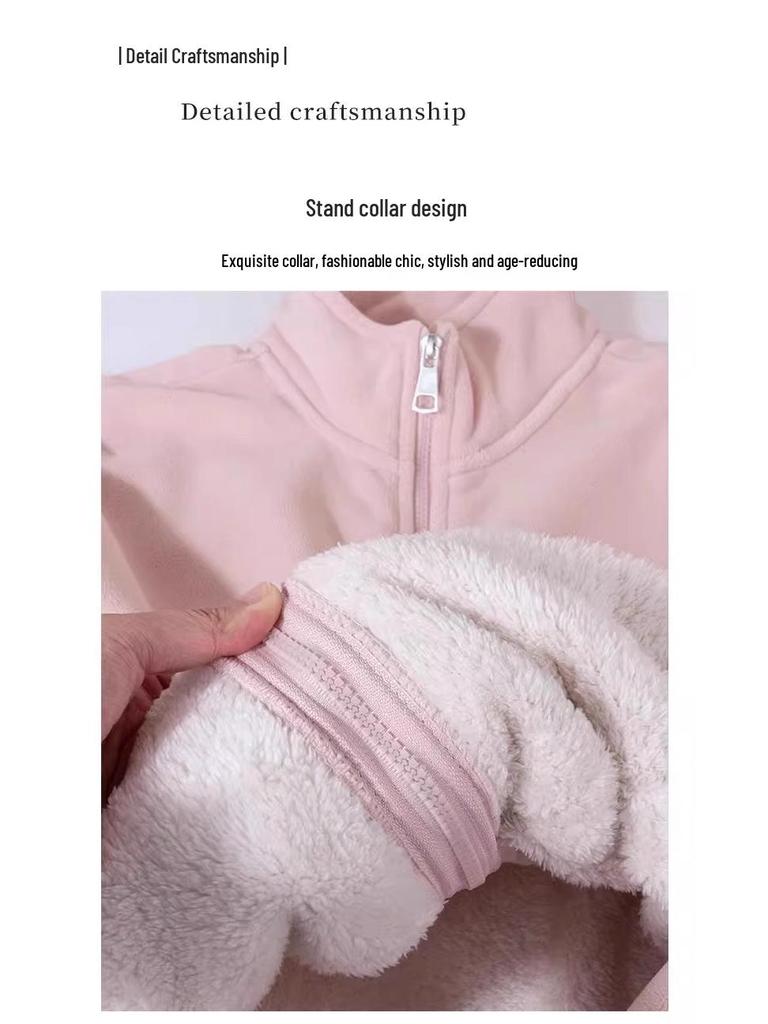 Женская розовая флисовая куртка из овечьей шерсти: Ветрозащитный, Толстая вельветовая подкладка, Теплая зимняя верхняя одежда