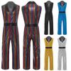Mens 1920s Disco Costume Lapel V Neck Sleeveless Jumpsuit Wide Leg Design Metallic Shiny Plaid Romper Outfit
