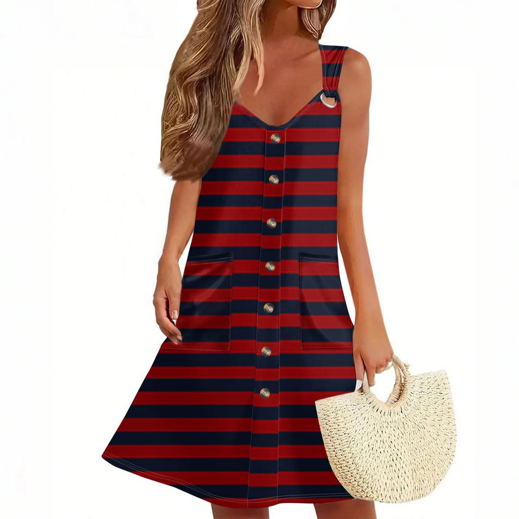 Женское летнее платье с карманом, без рукавов, сарафан с полосатым принтом