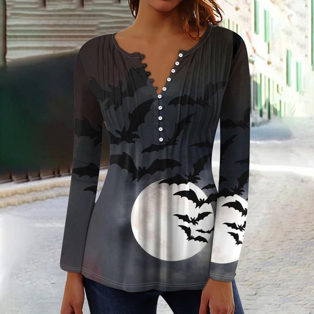 Женский топ с длинными рукавами и плиссированным воротником на пуговицах с принтом Хэллоуина, весна-осень