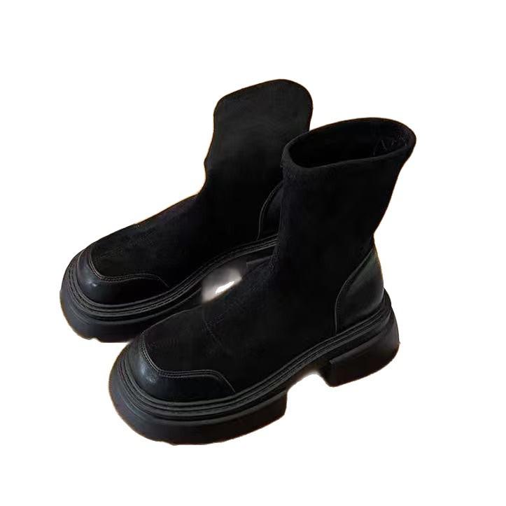 Fashion Temperament Brown Versatile Thick Heel Platform Short Boots Women's New Autumn Elastic Thin Boots