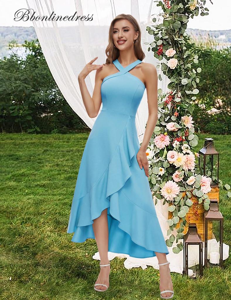 Женское коктейльное платье с оборками и бретелью через шею в европейском и американском стиле 2025 года — выпускное, официальное и для подружек невесты