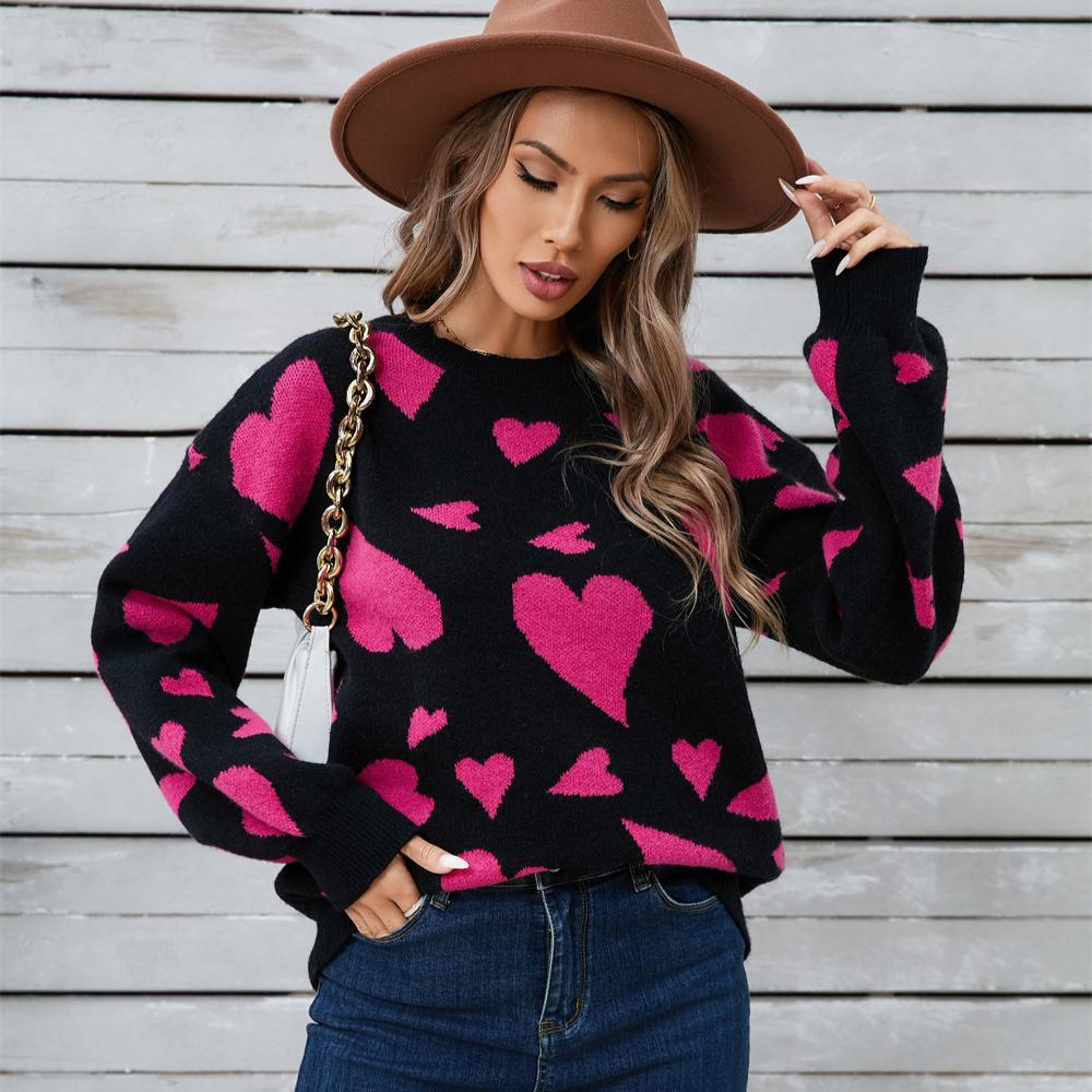 Winter Women's Sweater Love Valentine's Day Pullover Large Peach Heart Color Clash Sweater