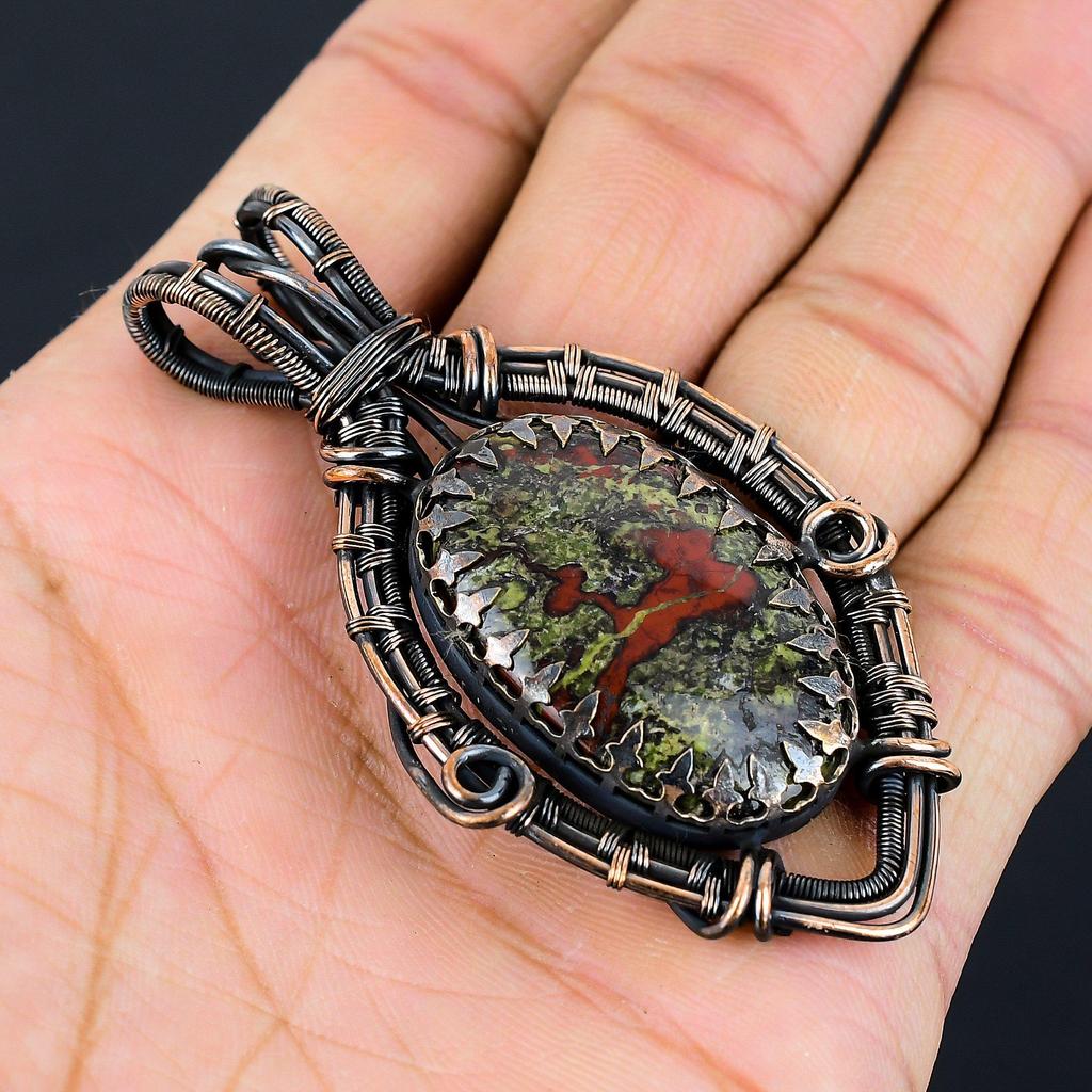 Dragon Blood Jasper Gemstone Pure Copper Wire Wrapped Handmade Pendant Jewelry
