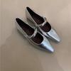 Niche Sense of Design Mary Jane Gentle Metal Buckle Pointed Shallow Mouth Soft Leather Commuter Shoes