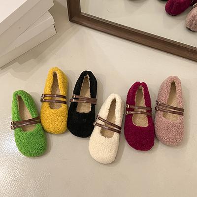 Модные розово-зеленые балетки из овечьей шерсти с круглым носком, женские зимние теплые плюшевые лоферы на ремешке с пряжкой, дизайнерская марка, туфли Мэри Джейн из плюшевого меха