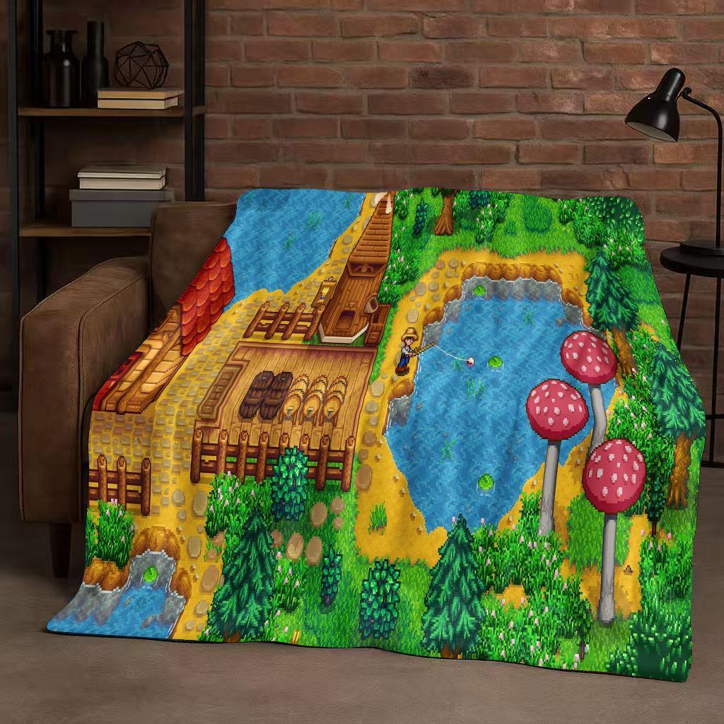 Retro Stardew Valley Farm Map Pixel Game Flannel Blanket,Ultra Soft Warm Plush Throw for Home Bedroom Bed Sofa Cover Kids Gift