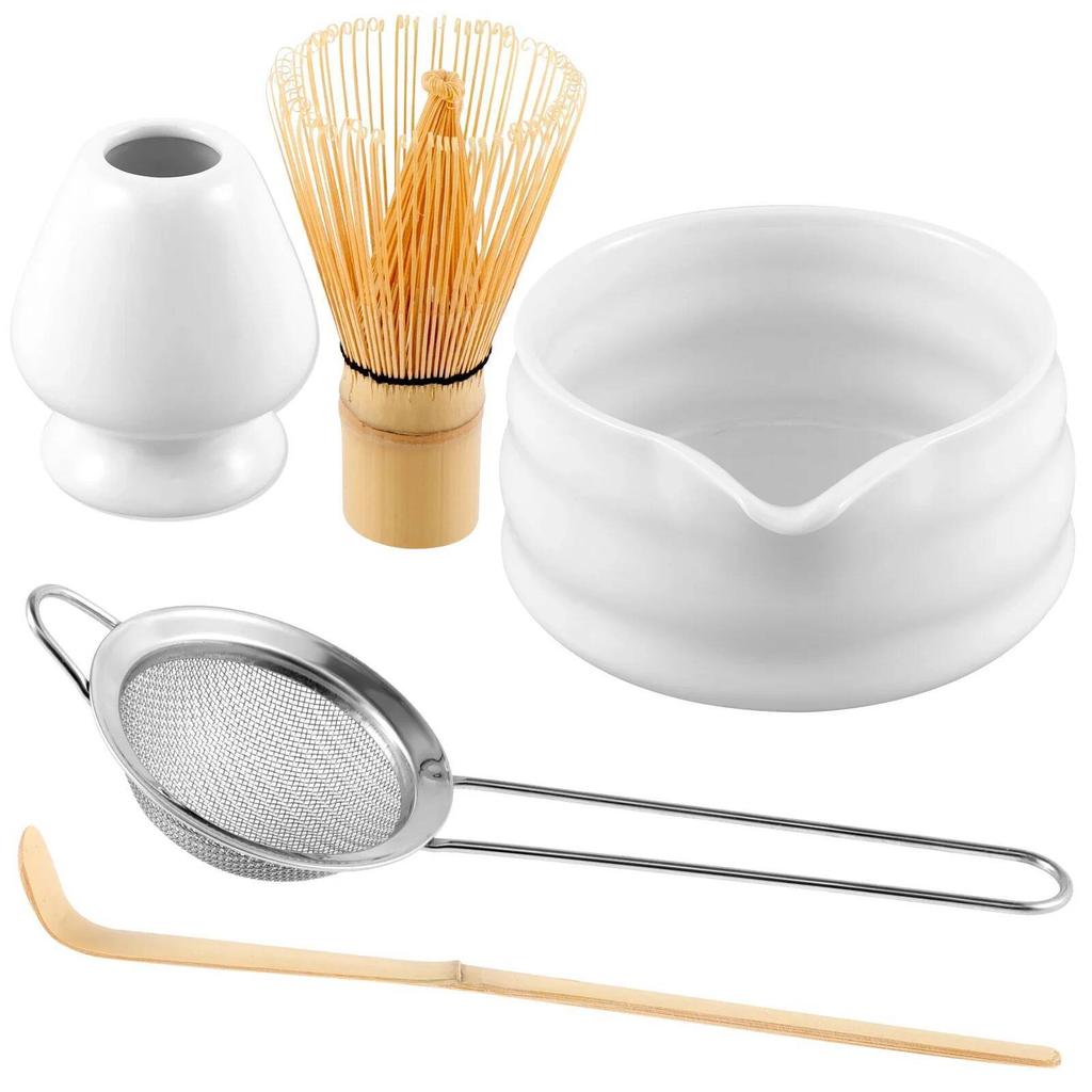 Набор венчиков для матча Керамическая чаша для матча с носиком для наливания Венчик для матча из бамбука Сито из нержавеющей стали Керамический держатель для венчика из бамбука Совок