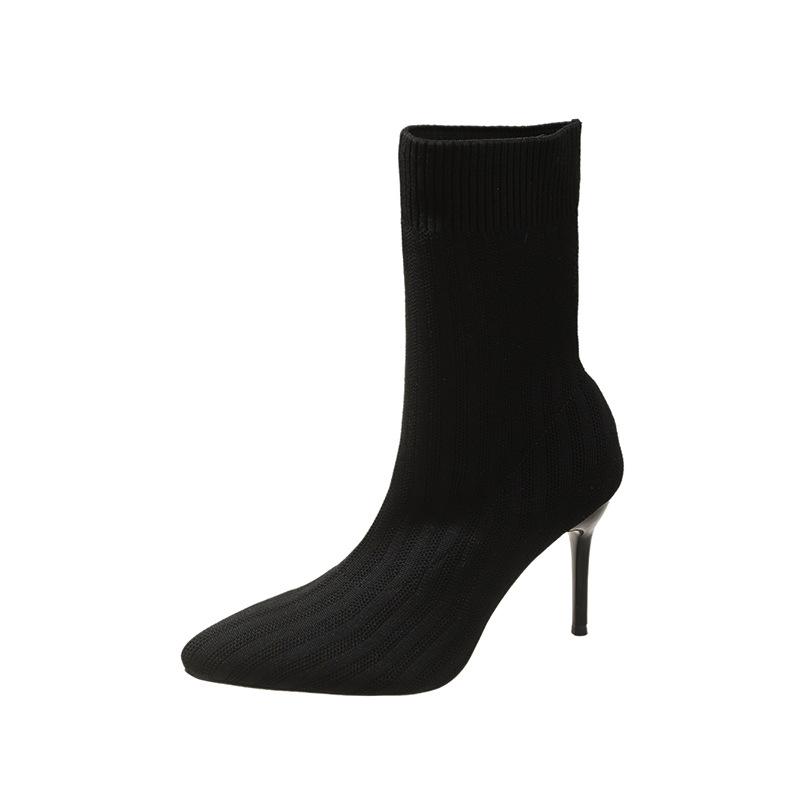 Новые женские осенние вязаные эластичные короткие сапоги на толстом каблуке