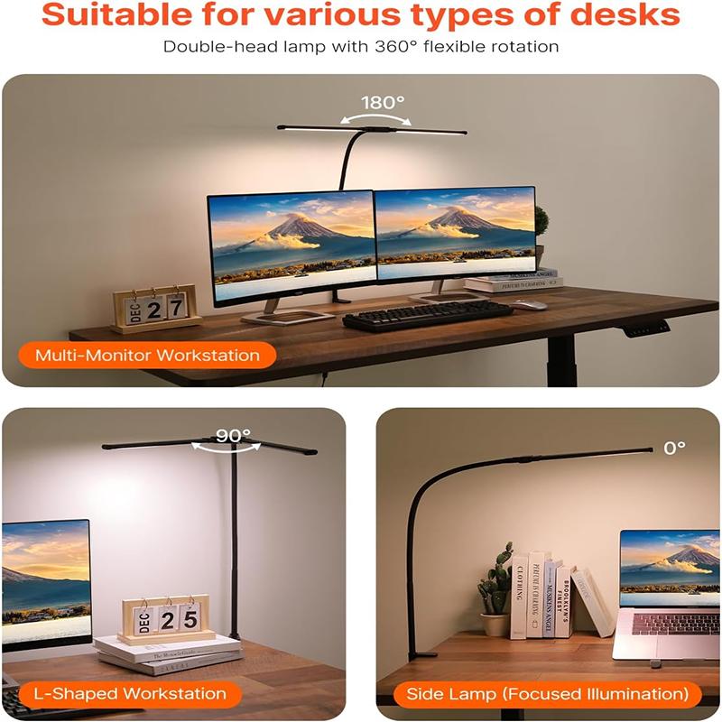LED Desk Lamp with Clamp, Double Head Architect Eye-Caring With 360° Adjustable Gooseneck, 3 Lighting Modes For Studying Working