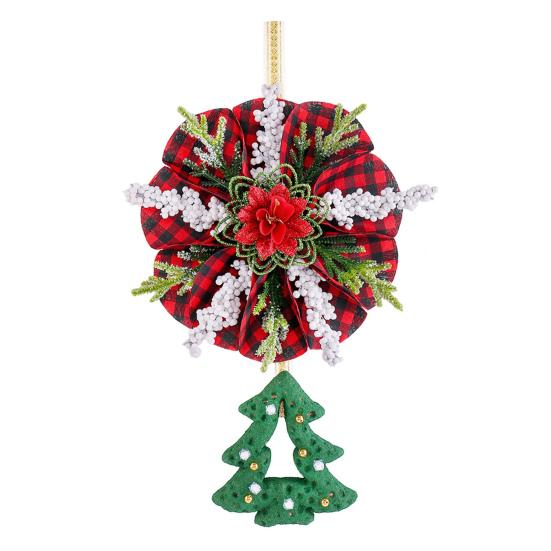 Christmas Wreath Decoration Red Artificial Poinsettias Buffalo Plaid Wreath With Star/Tree Ornament