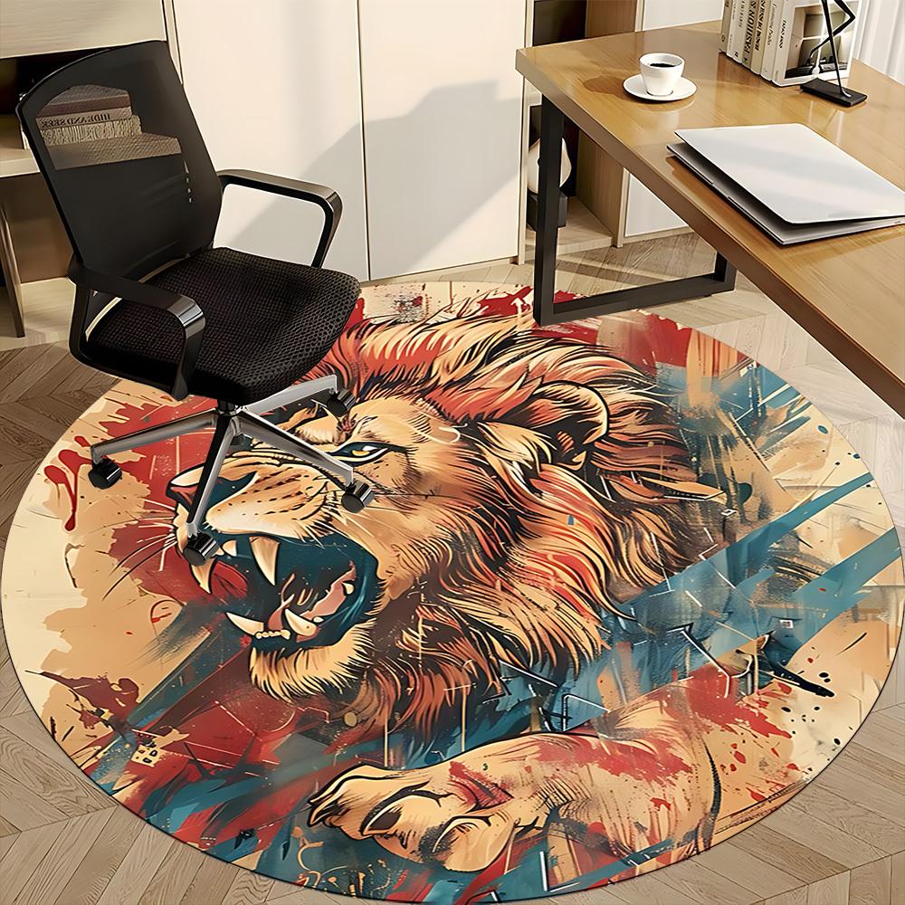 1PC Lion Roar Office Round Area Rug, Mat Suitable ForOffice, Under Office Chairs Bedroom Living Room Home Decor, Room Deco