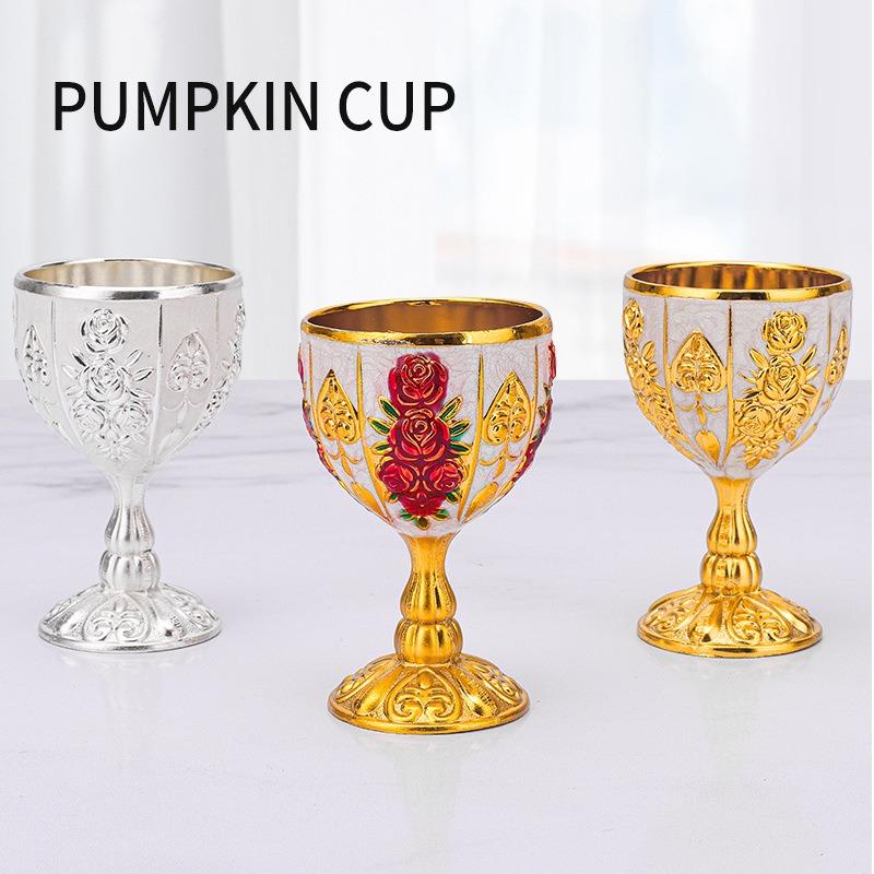 Classical Elegant Wine Glass, Enamel Rose Goblet for Wedding, Party & Home Bar,Vintage Rose Pattern Wine Cup, Gold/Silver Plated Pumpkin Cup