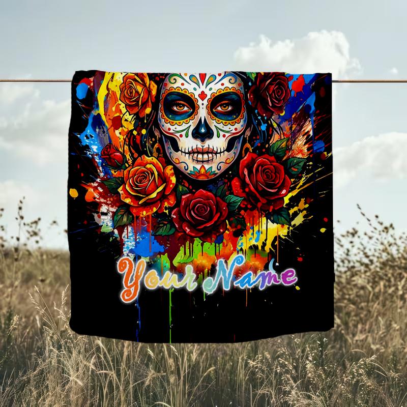 1PC Custom Name Colorful Sugar Skull Art flannel blanket versatile,all-season throw suitable for the living room,bedroom,camping,travel,and gift