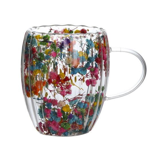 Кружка из двухслойного стекла с сухоцветами 250/350 мл, термостойкая, с ручкой, кофейная чашка для горячих напитков, уникальная художественная стеклянная посуда