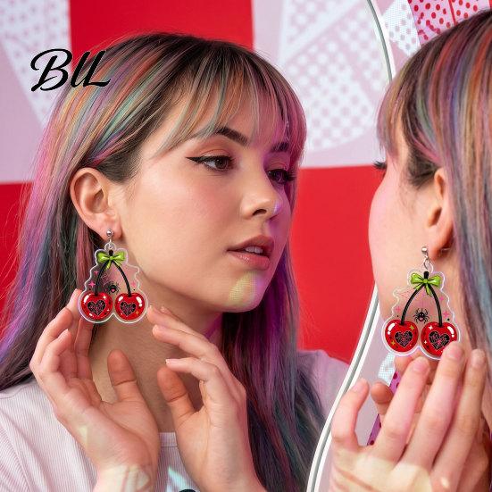 Dark Style Pendant Earrings 1 Pair Acrylic Cherry for Women, 2D Fruit Dangle Drop Halloween Party Jewelry with Spider Web And Bow, Punk Goth Aesthetic