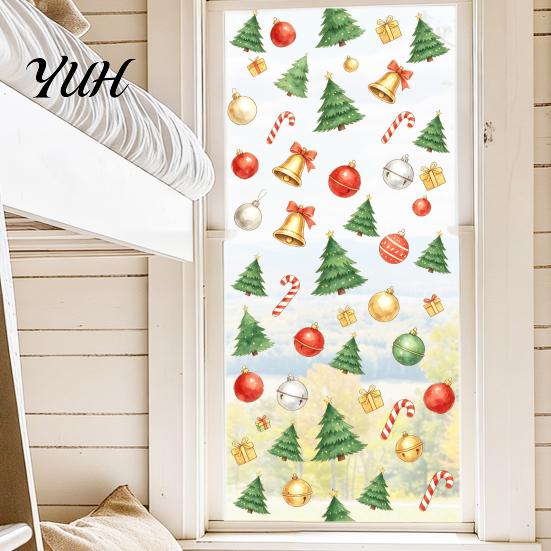 Removable Glass Sticker Christmas Static Window Cling, Xmas Tree Snowman Santa Hat Bell Cling Sticker, Reusable Decoration Decal for Holiday Party