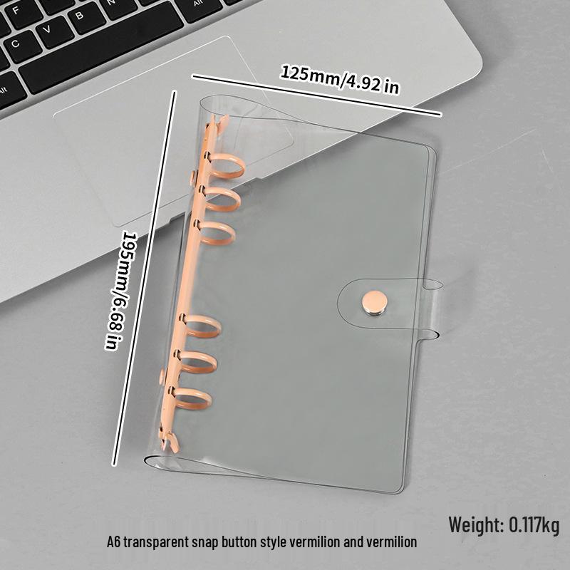 Прозрачная ПВХ обложка для планера формата A5/A6 на кольцах с кнопкой и разноцветным металлическим клипом на шесть отверстий