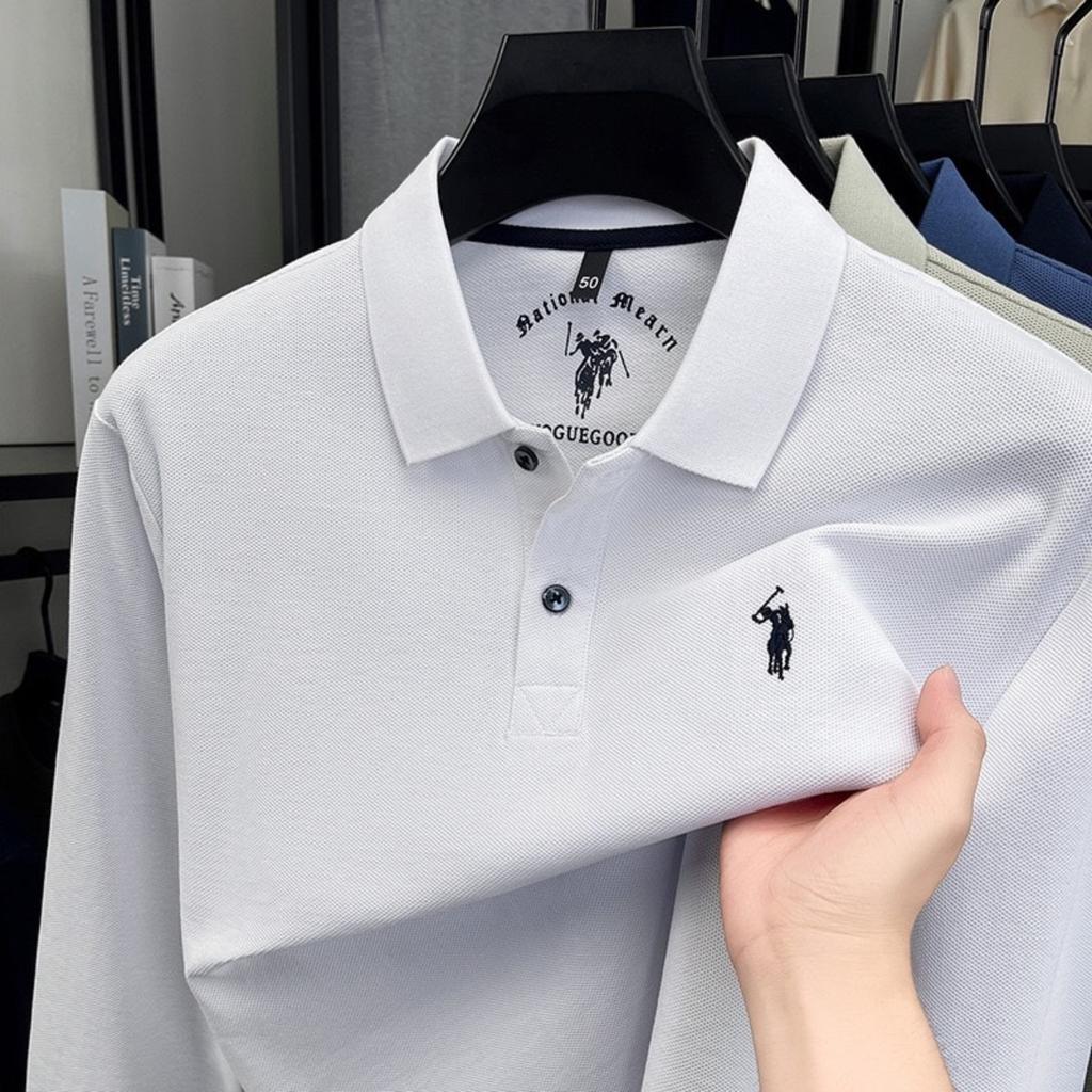 TrendHub 100% Pure Cotton Men's Long Sleeved Polo Shirt Embroidery Classic Paul Casual T-shirt