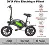 Vélo électrique pliant portable de 14 pouces, DYU DF3 avec 3 modes de conduite, pédales d'assistance, hauteur réglable