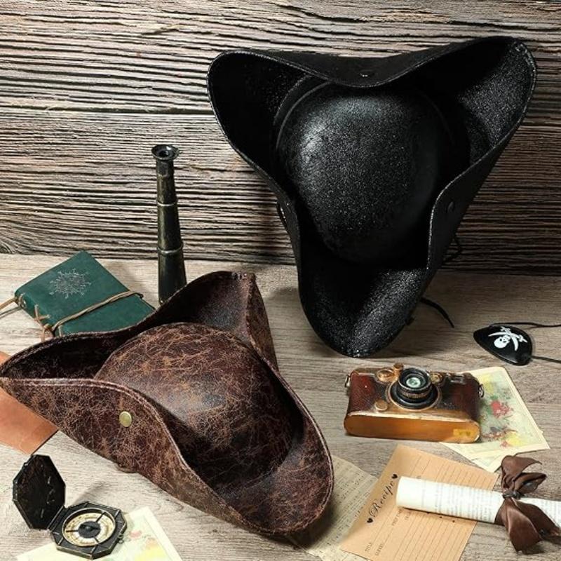 Faux Leather Pirate Hat Vintage Wrinkle Distressed Tricorn Pirate Hat For Women Men Halloween Costume Cosplay Accessories