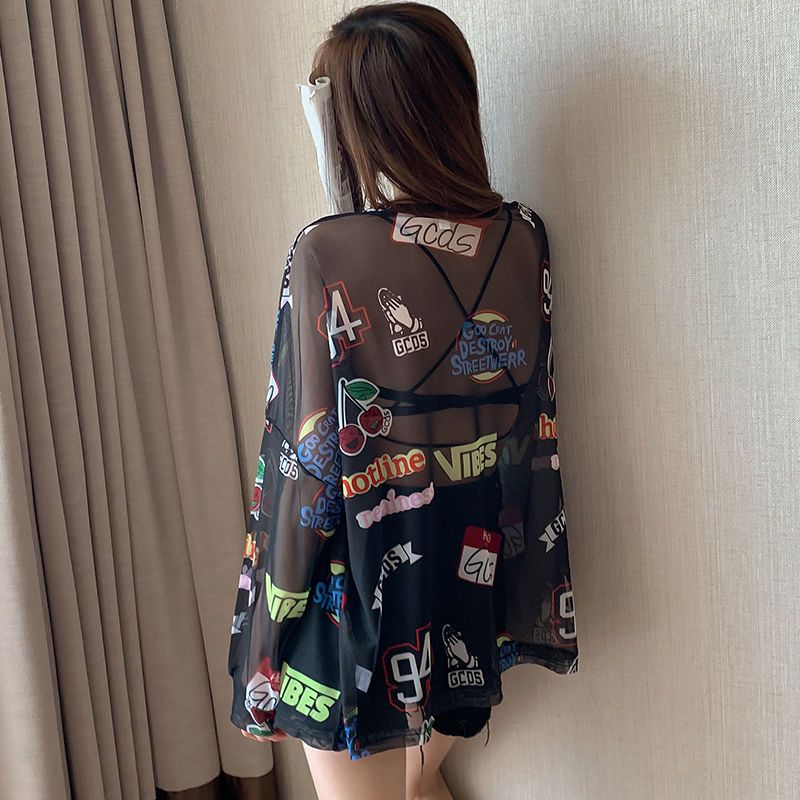 Солнцезащитная одежда из ледяного шелка, большая женская летняя легкая и дышащая корейская версия, свободная футболка с длинными рукавами, накидка, студенческий топ