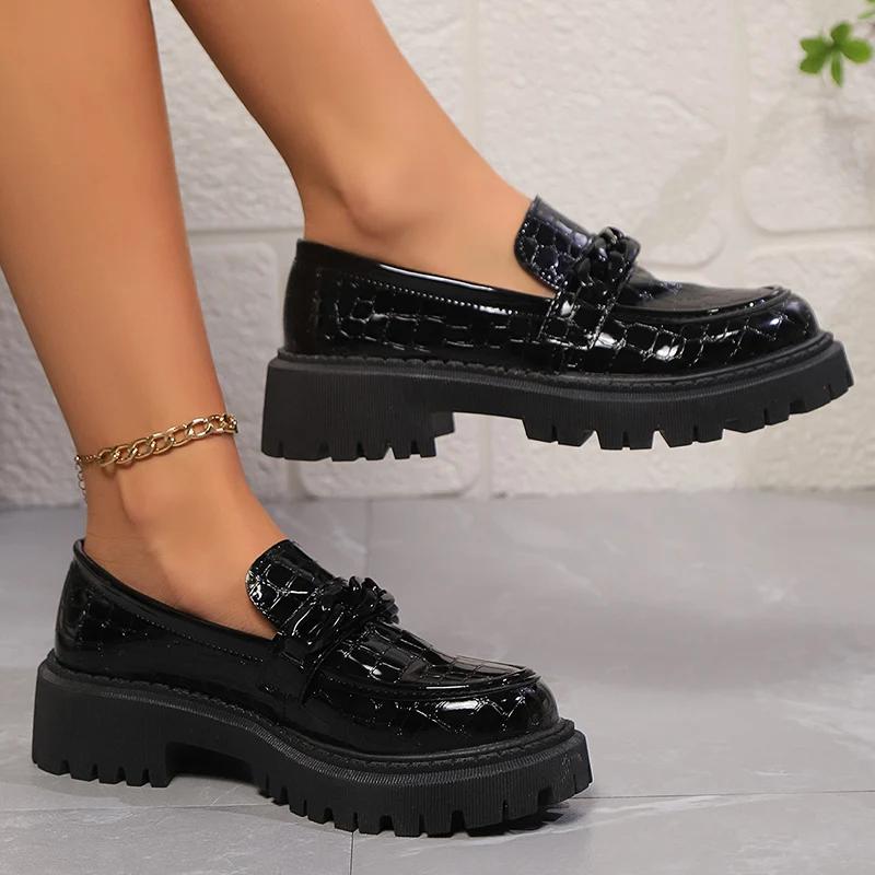 Женские мокасины Lucyever Chain Accents Platform Loafers, размер плюс 42, лакированные туфли без застежек, удобные женские туфли в стиле преппи с круглым носком