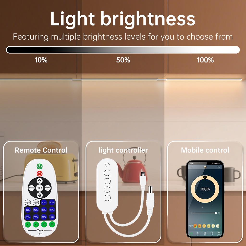 Wireless Bluetooth Remote Control Under Cabinet LED Unit Lights Bar 12V Dimmable Aluminium Tube For Kitchen Counter Closet Lamp