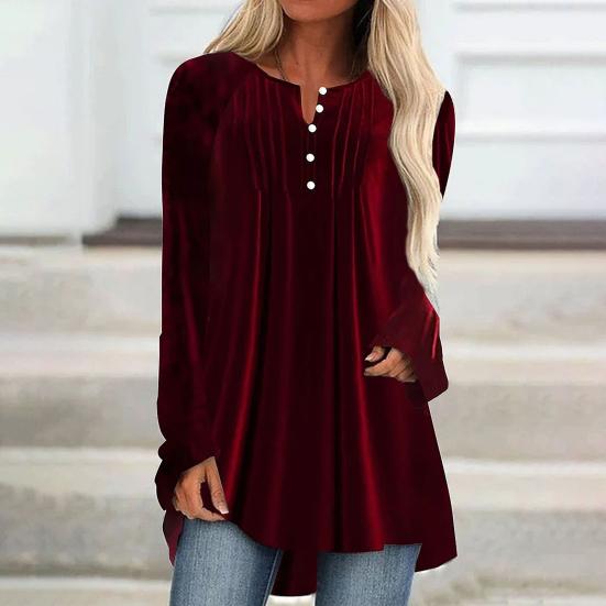 Women Velvet Shirt V-Neck Buttons Half Placket Long Sleeve Asymmetric Hem Pullover Tops Solid Color Mid-length Blouse