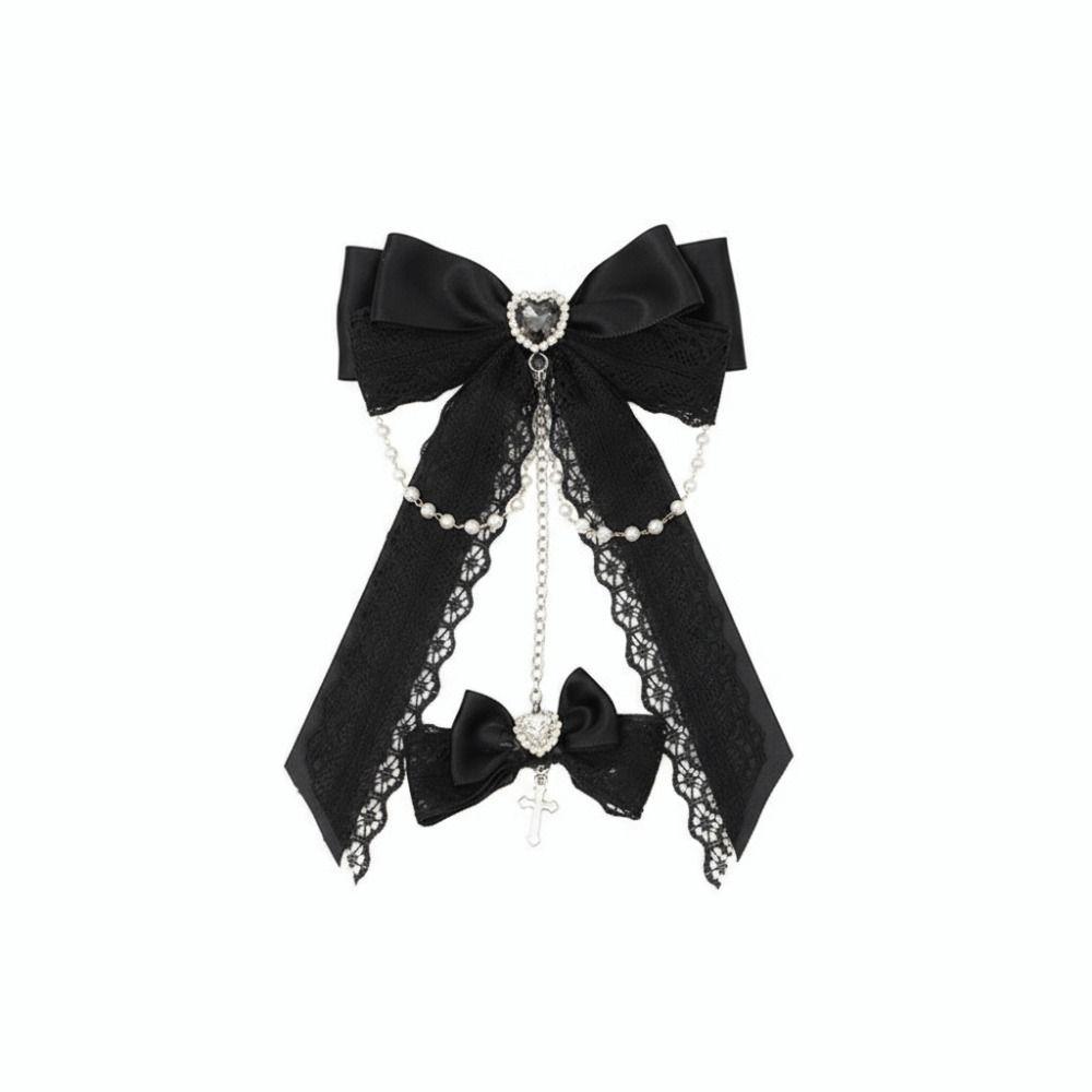 Chain Detail Lace Bow Hair Clips Rhinestone Decoration Side Barrettes Hair Clip Punk Style