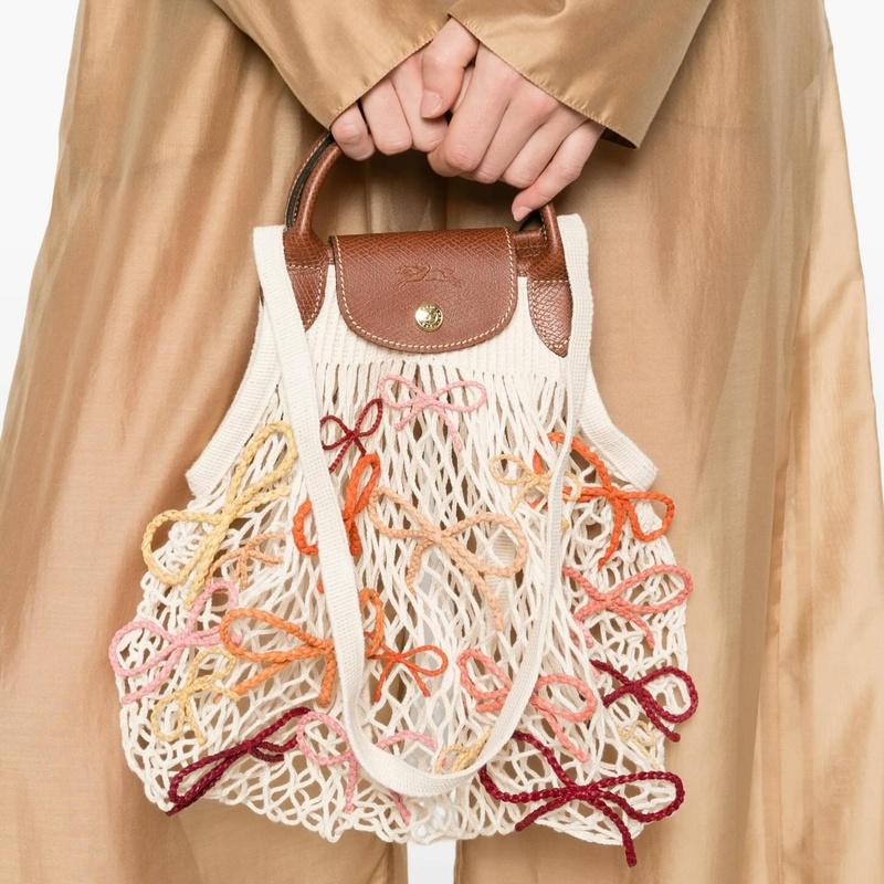 Longchamp Le Pliage Mesh Design Snap Closure Mesh Bag Canvas Shoulder Handbag Large Women's Beige 10121HJB037
