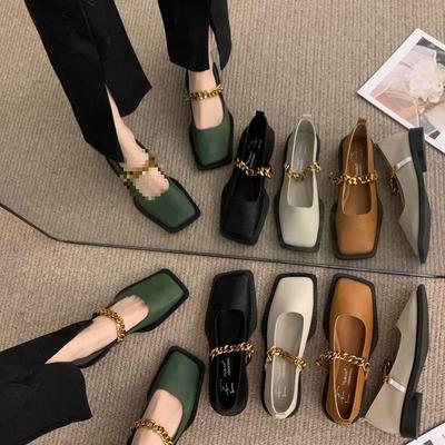 Ретро-лоферы с металлической цепочкой и квадратной головкой, женские, 2025, новые британские универсальные туфли Мэри Джейн, маленькие кожаные туфли для женщин