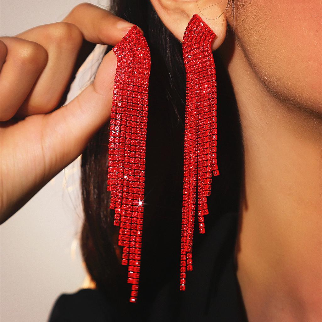 Red Series Super Flash Full Diamond Long Fringed Earrings for Women, High-end Temperament Stud Earrings and Ear Jewelry