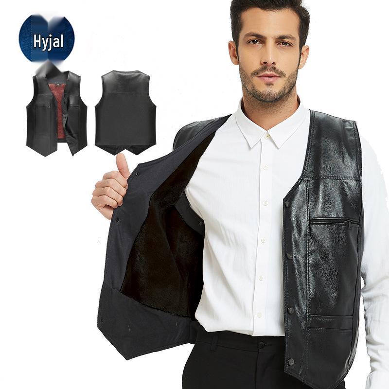 Мужская кожаная жилетка на флисовой подкладке с множеством карманов для осени и зимы - Стиль с V-образным вырезом для пап и пожилых людей
