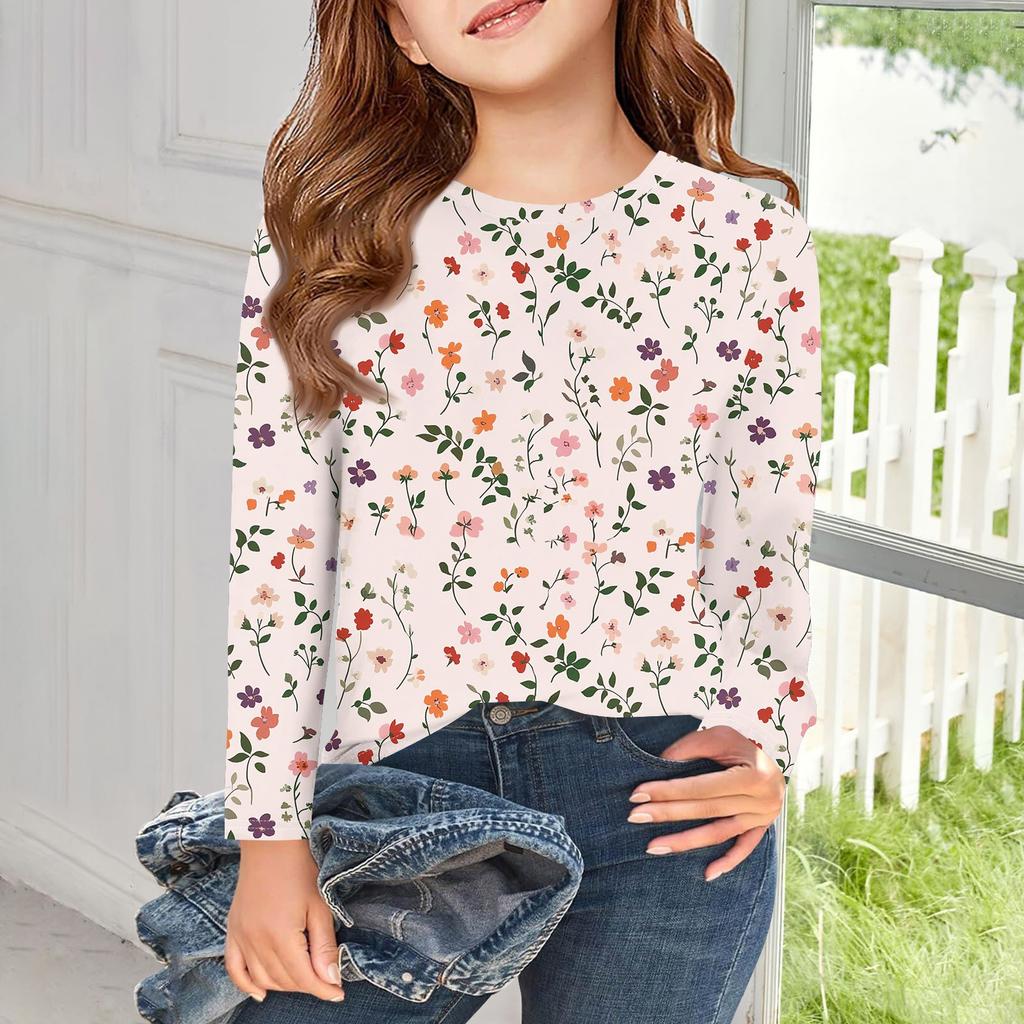 Футболки с длинным рукавом для девочек, детские осенние топы с круглым вырезом и принтом, базовые футболки для детей 5–14 лет