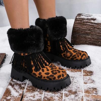 Женские ботильоны 2024 года, модные зимние туфли из замши с леопардовым принтом и боковой молнией для женщин, плюшевые винтажные короткие зимние ботинки на толстом каблуке