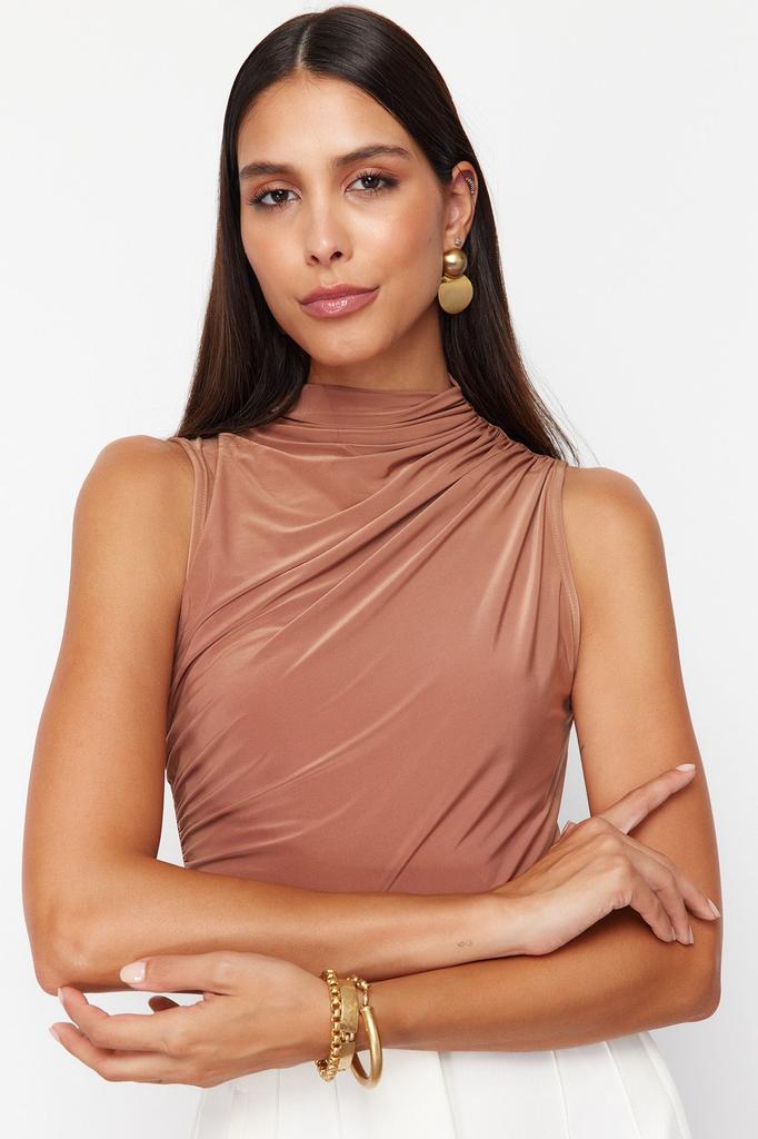 Women's Style Blouse Green Zero Sleeve Gathered, Fitted, Flexible Knitted Blouse